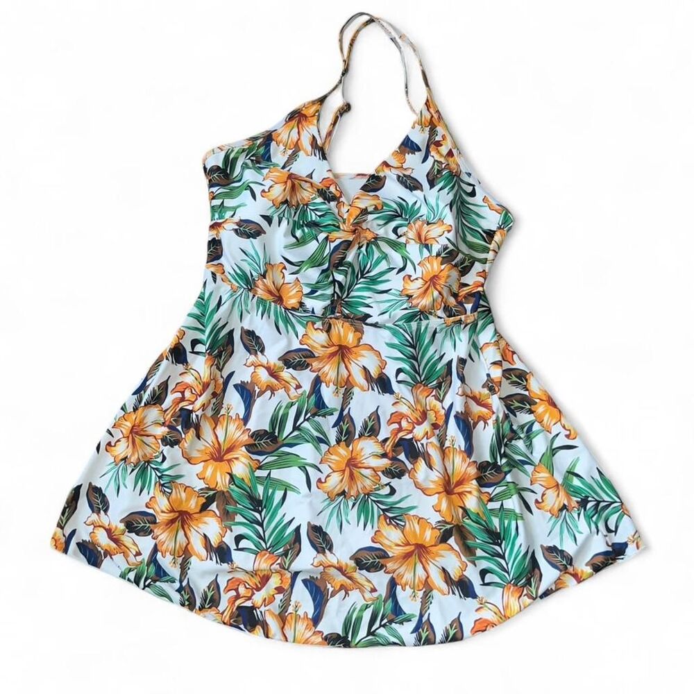 White Multicolored Tropical Flowers Tankini Swim Dress Top SZ L